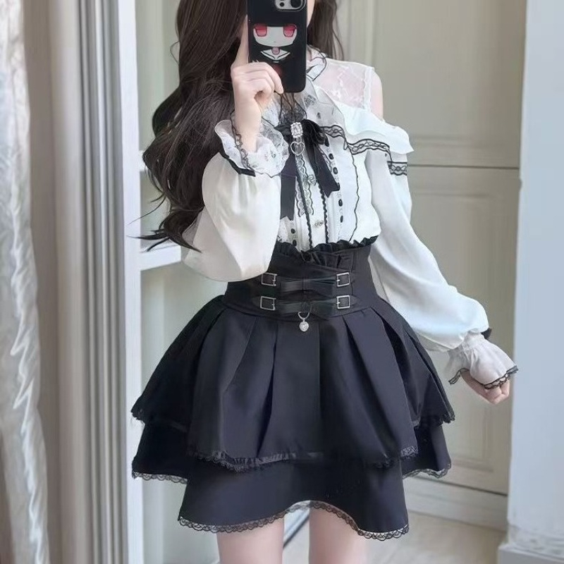 Set Gaya Lolita Y2k Gothic Jep - Blouse Off Shoulder ulasan dan harga